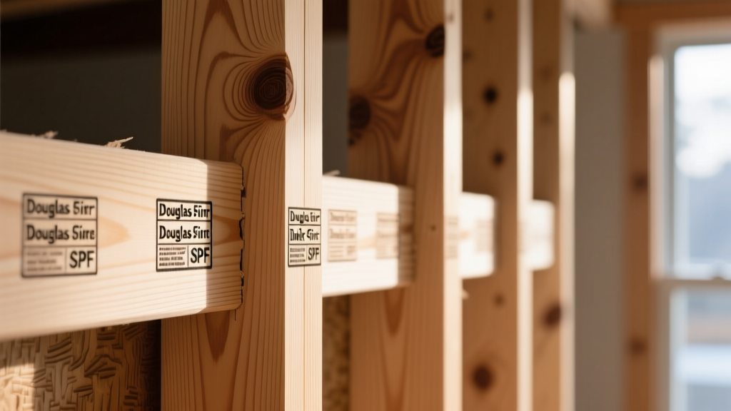 Close-up of exposed structural wall studs highlighting ink grade stamps and distinct wood grain patterns of Douglas Fir and SPF lumber.