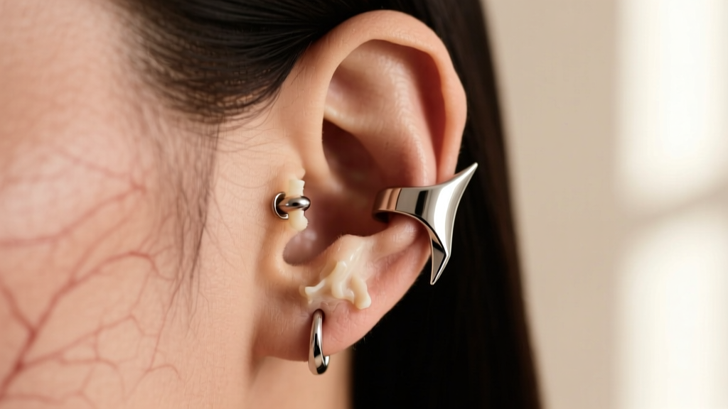 Profile of a titanium horse bit cartilage cuff on an ear, minimalist beige background, highlighting ear anatomy and jewelry fit.