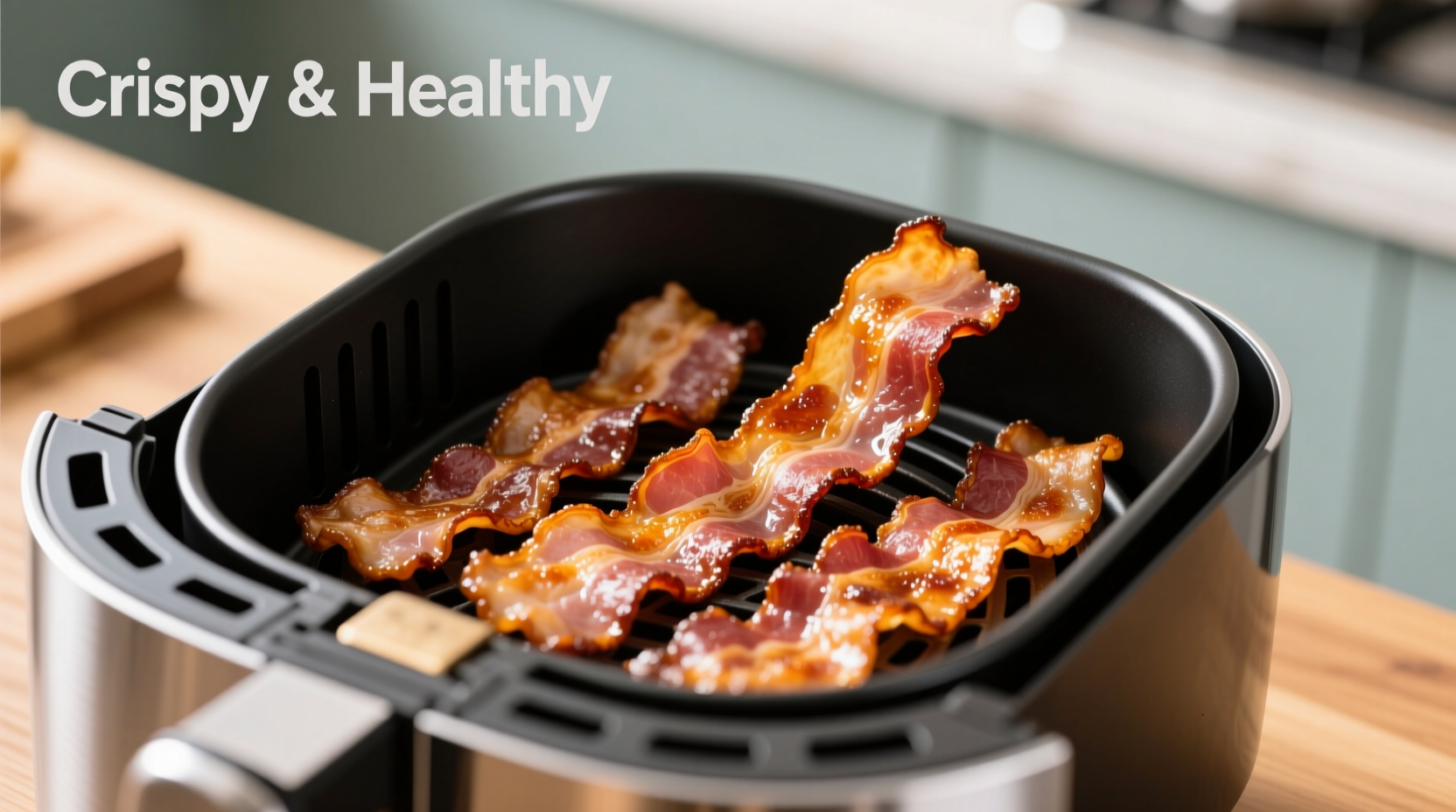 Crispy golden turkey bacon in air fryer basket