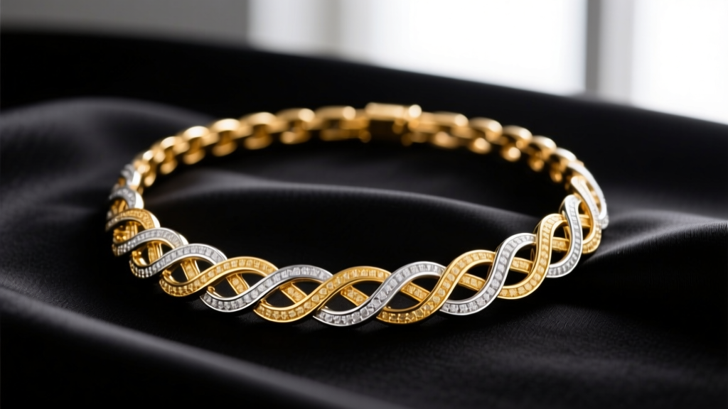 Close-up of an 18k yellow gold and platinum bi-metal luxury necklace on dark silk, highlighting mixed-metal fine jewelry trends.