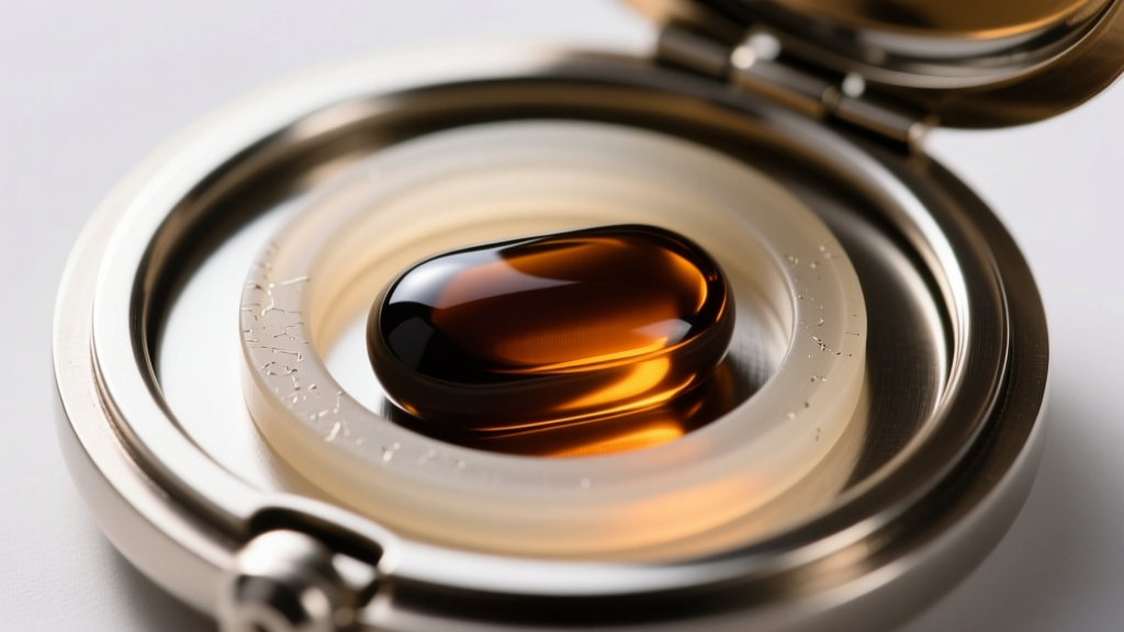 Macro shot of a steel pill locket interior, showing a thick silicone O-ring seal and dark amber glass insert to block UV light.