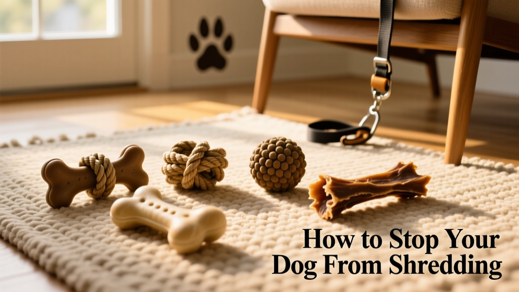 A variety of safe, durable chew toys arranged neatly on a rug
