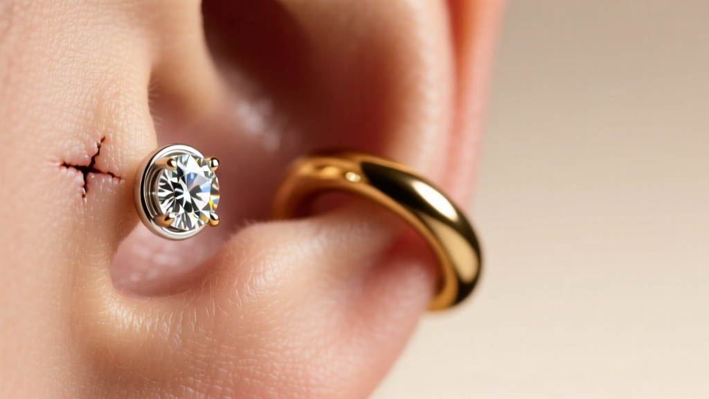 Close-up of a 5mm bezel-set diamond stud in a healed upper lobe piercing next to a gold helix hoop, soft warm studio lighting