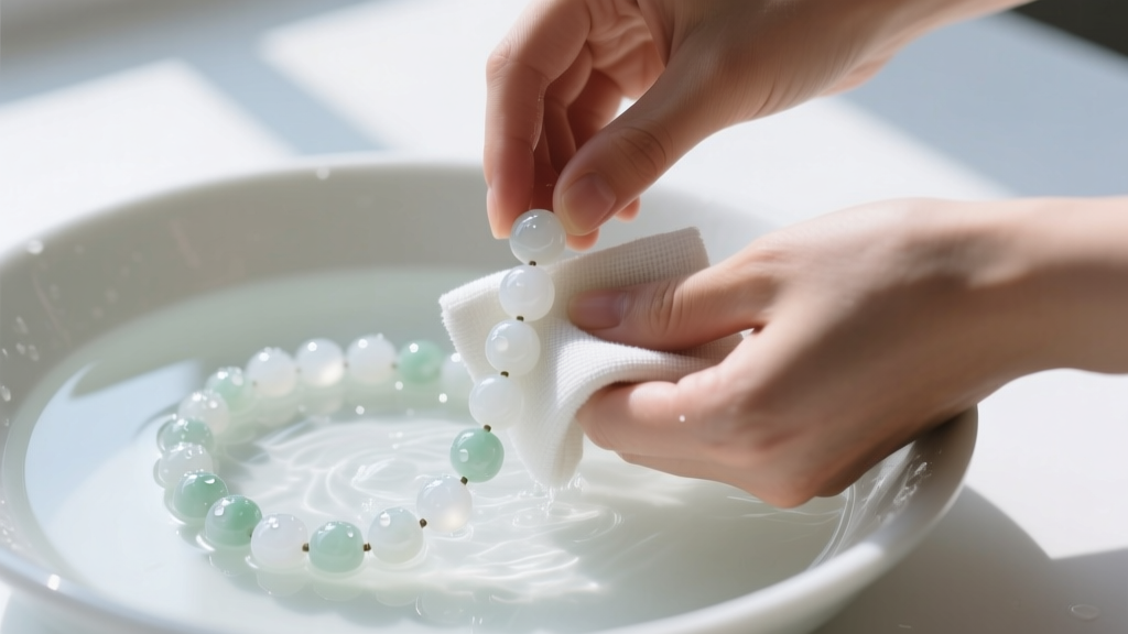 Hands washing a white jade bead necklace in soapy water, wiping a bead with a microfiber cloth under natural light.