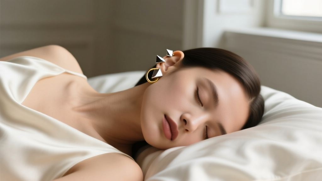 Person sleeping on silk showing an ear stack of flat-back titanium labrets and small seamless gold hoops in soft room lighting.