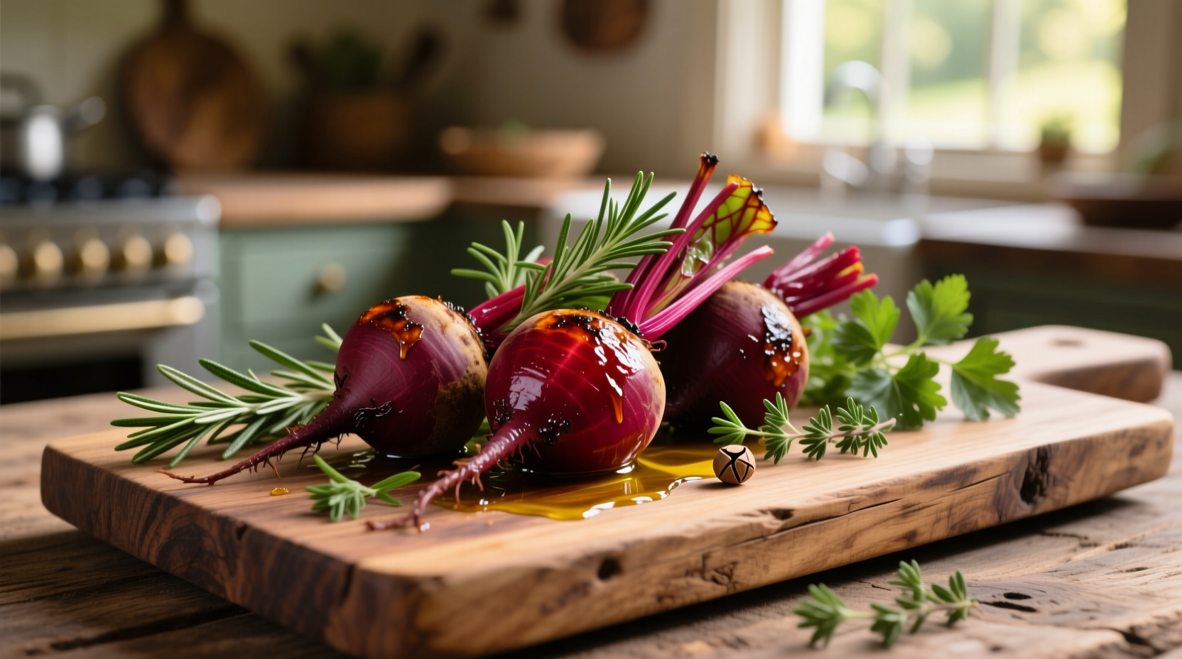 Perfectly roasted beets with herbs on wooden board
