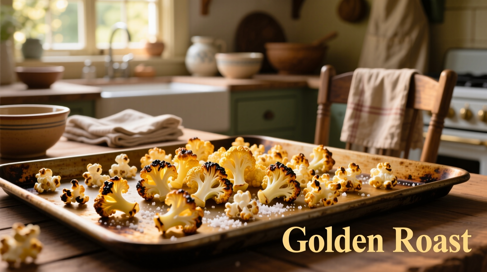 Golden roasted cauliflower popcorn in baking sheet