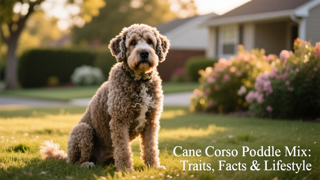 A friendly adult Cane Corso Poodle mix sitting calmly on grass, showing its muscular build and curly-wavy coat