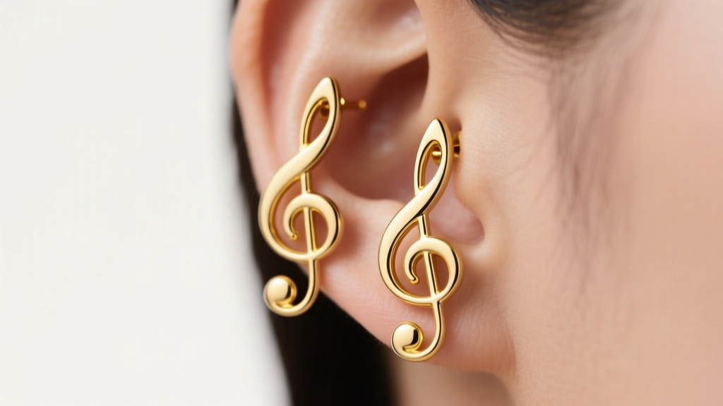 Close-up of 18k yellow gold treble clef dangle earrings on earlobes, soft lighting highlighting the musical curves