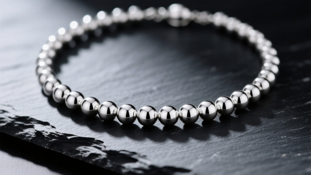 Close-up of a 925 sterling silver ball necklace draped over dark slate, highlighting spherical beads and bright metallic luster.