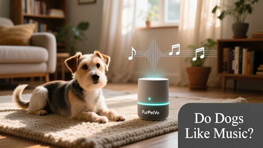 A calm terrier resting on a rug while soft classical music plays from a FurPetVo smart speaker
