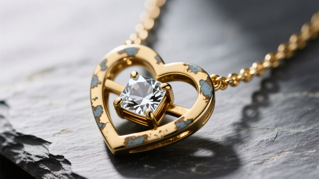Close-up of a tarnished Michael Kors heart necklace on slate, showing worn gold plating and cloudy cubic zirconia details.