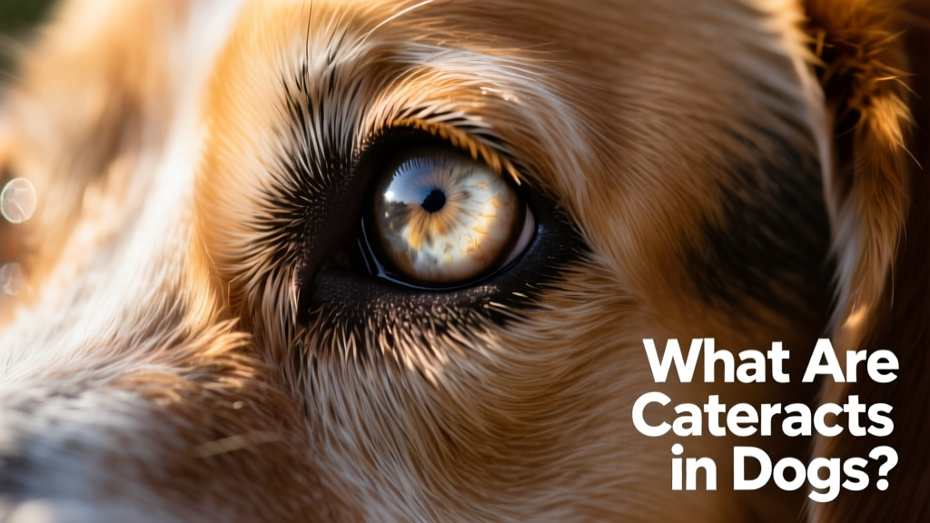 Close-up of a dog's eye showing a cloudy, milky-white cataract affecting the lens