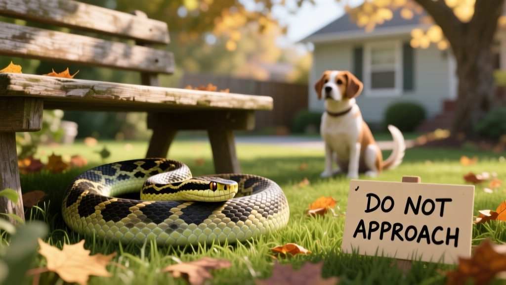 A rattlesnake resting quietly under a garden bench in a residential yard