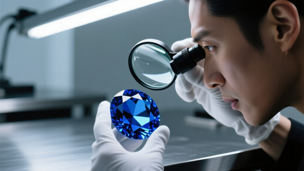 Jeweler using a 10x loupe to inspect inclusions inside a vivid blue sapphire gemstone under bright, cool-toned LED grading lights.
