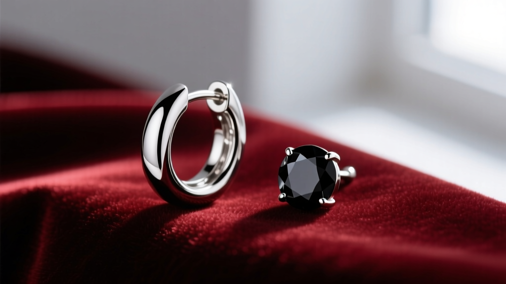 Macro shot of a polished rhodium earring causing glare beside a light-absorbing matte black zirconia stud on dark velvet fabric