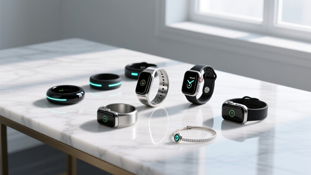 A flat lay of 2026 smart wearables including a biometric tracking ring and discreet safety jewelry on a marble desk