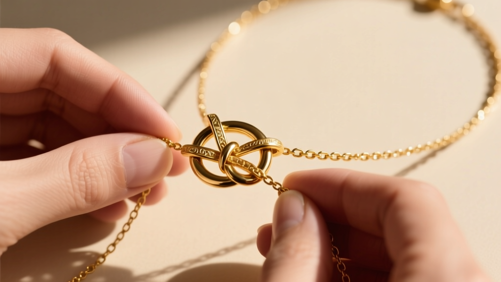 Hands tying a lariat knot on a 14k gold opera necklace, overlapping loops on beige backdrop, macro jewelry photography, warm light