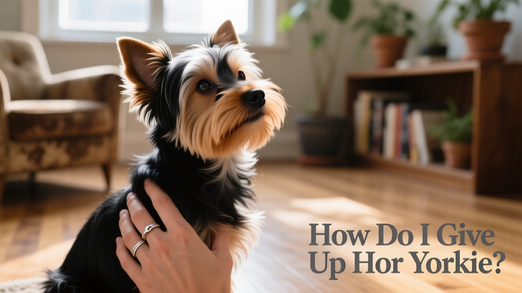 A gentle close-up of a Yorkie sitting calmly beside a person’s hand