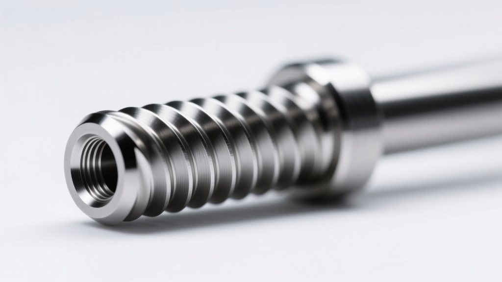 Macro shot of 16g internally threaded titanium barbell post, highlighting precise machined threads and flawless mirror finish.