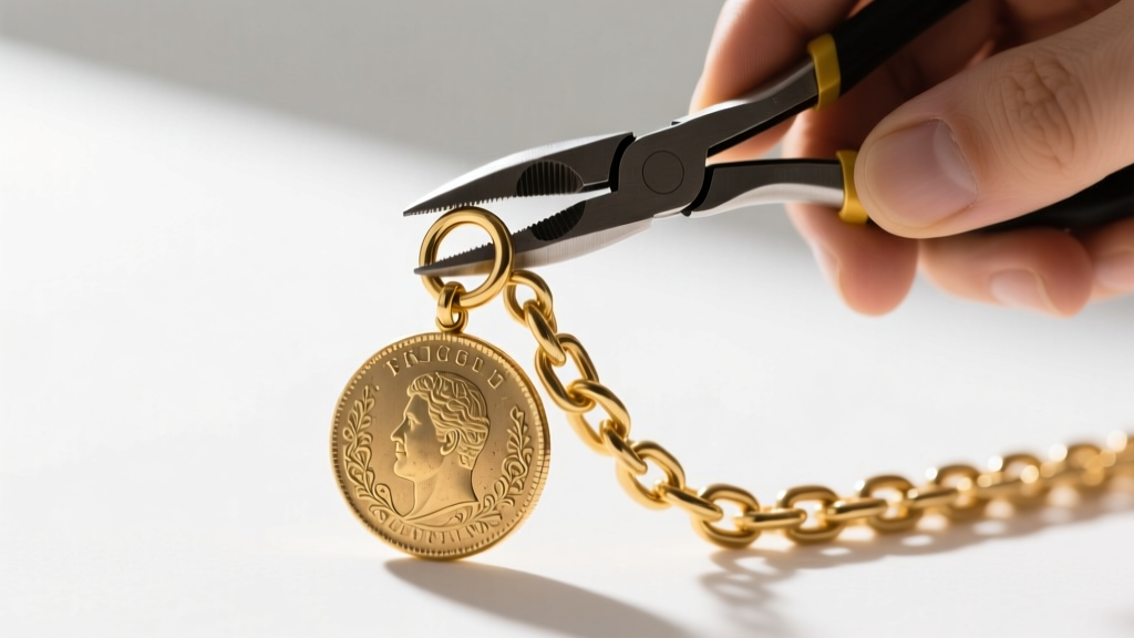 Jeweler using flat-nose pliers to close a thick 14-gauge gold jump ring that connects a heavy coin pendant to a chunky chain