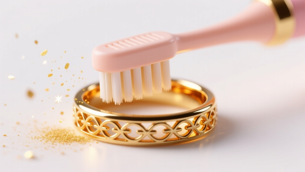 Close-up of a soft baby toothbrush gently scrubbing the intricate prongs of an 18k yellow gold ring under bright studio lights