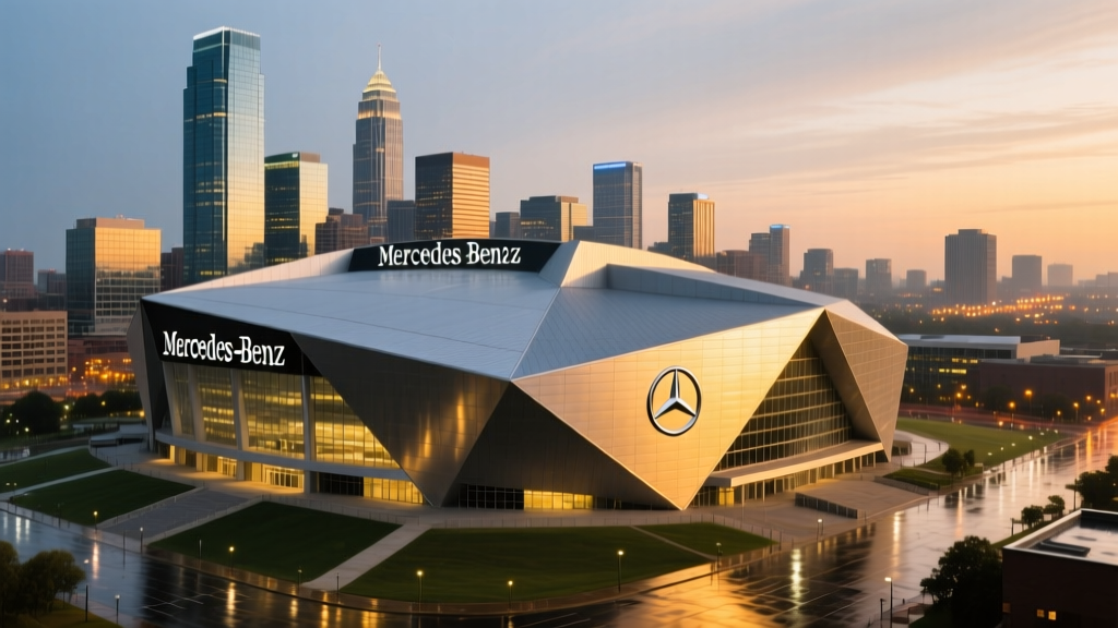 Exterior wide-angle photo of Mercedes-Benz Stadium highlighting the angular metallic facade and surrounding Atlanta downtown skyline