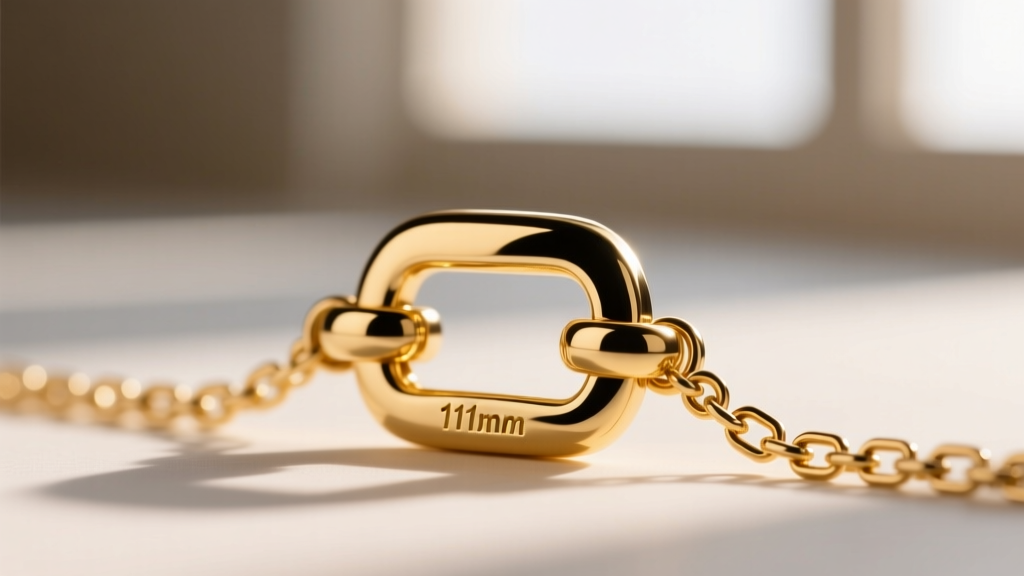 Close-up of a sturdy 11mm 14k gold lobster clasp securely attached to a 1.5mm box chain link, against a blurred background.