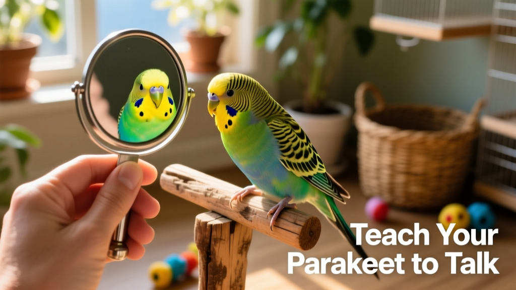 A hand holding a small mirror near a curious budgie perched on a wooden perch