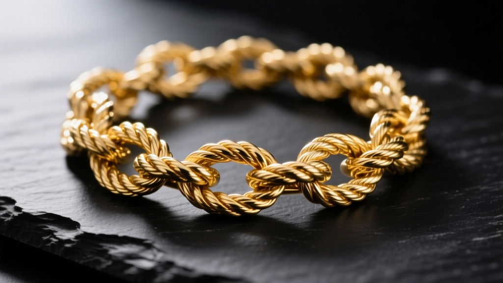 Macro view of a tangled 14k gold rope chain on dark slate, lit by soft light to highlight the intricate metallic knot textures