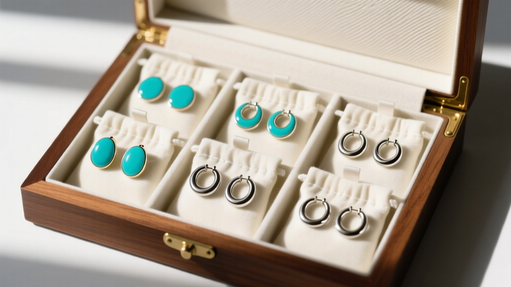 Aqua enamel and silver hoop earrings neatly organized in individual anti-tarnish velvet pouches inside a lined wooden jewelry box