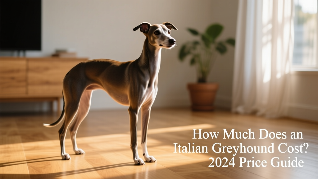 A slender, glossy-coated Italian Greyhound standing confidently on a sunlit hardwood floor
