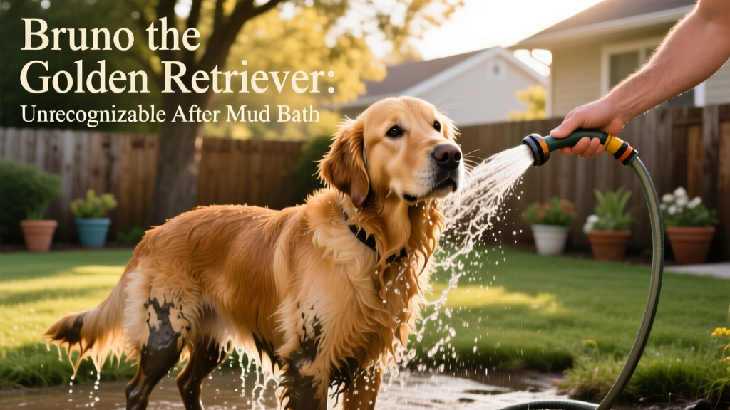 A person gently rinsing mud from a Golden Retriever's legs using a garden hose outside