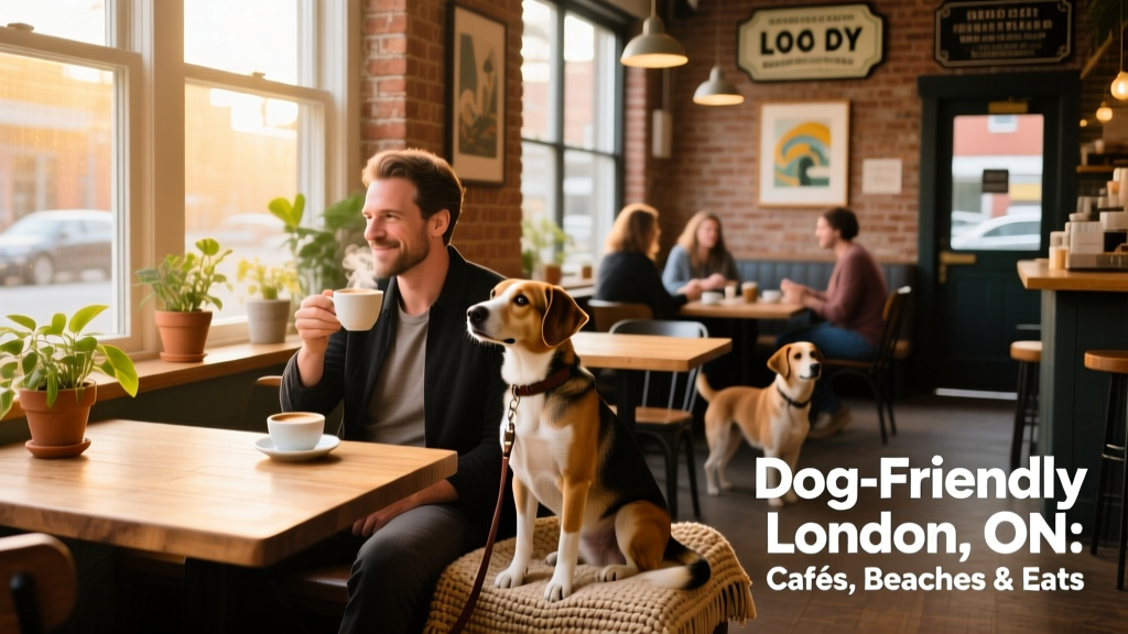 Person enjoying coffee at a dog-friendly café with their leashed dog resting nearby