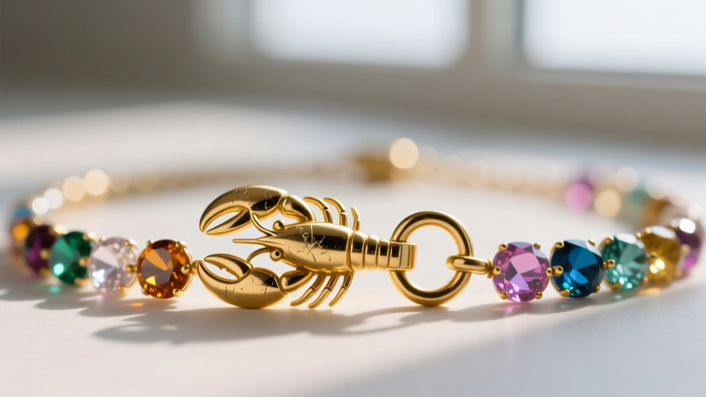 Macro shot of a gold-plated brass lobster clasp on a gemstone bead necklace, showing slight plating wear near the jump ring