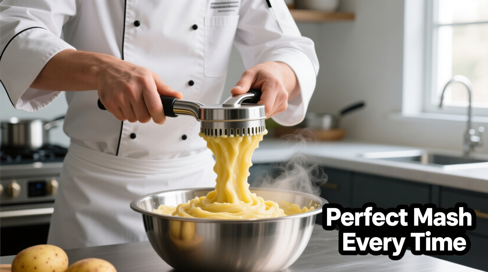 Chef demonstrating proper potato ricer technique with smooth results