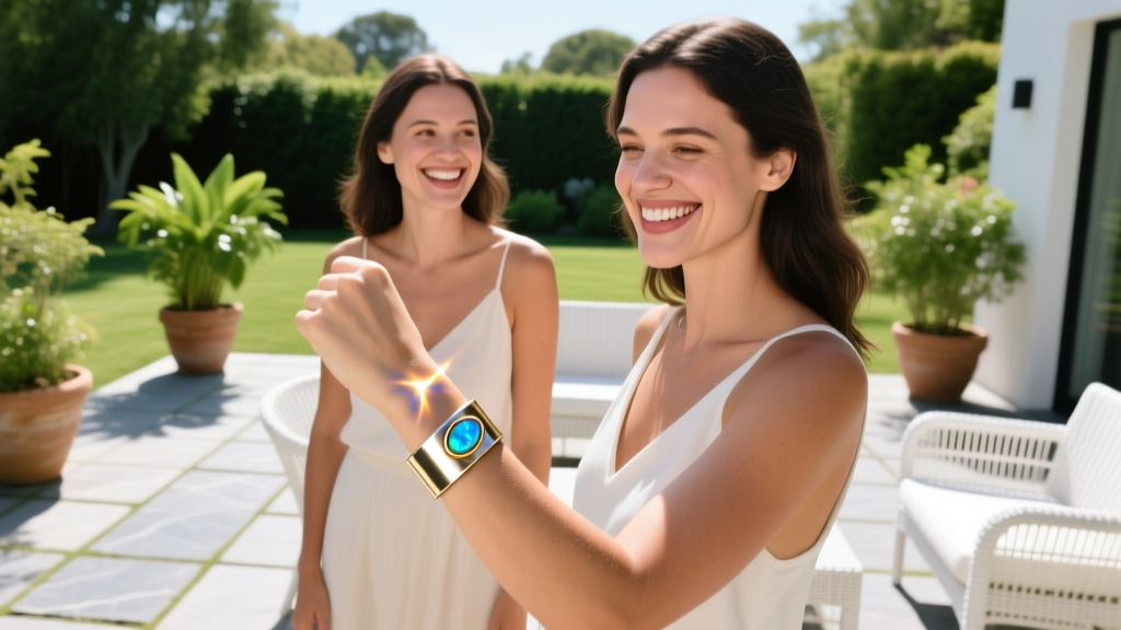 Two women at a sunny patio party, one showing off a freshly welded permanent bracelet with a tiny opal charm, smiling brightly.