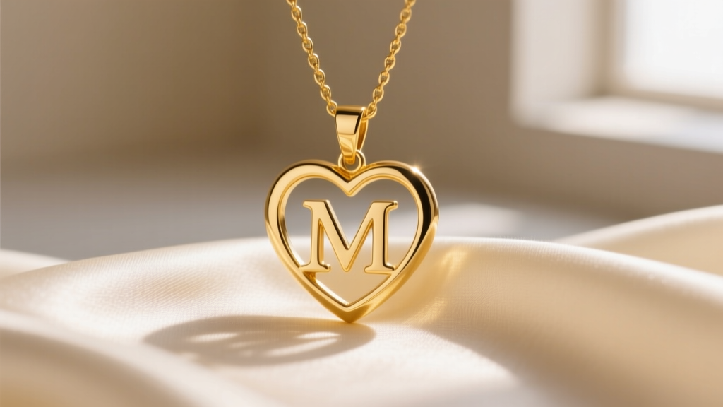 Close-up of a 14k yellow gold heart pendant with cutout letter M resting on cream silk fabric under soft natural window light
