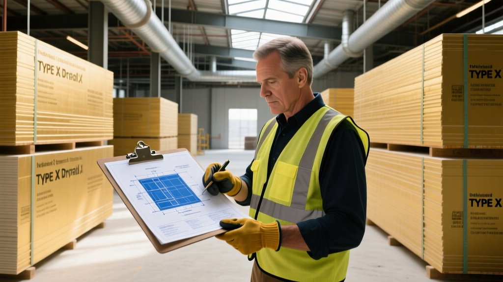 Construction inspector reviewing National Gypsum Gold Bond Type X drywall plans on a commercial site with stacked fire-rated boards