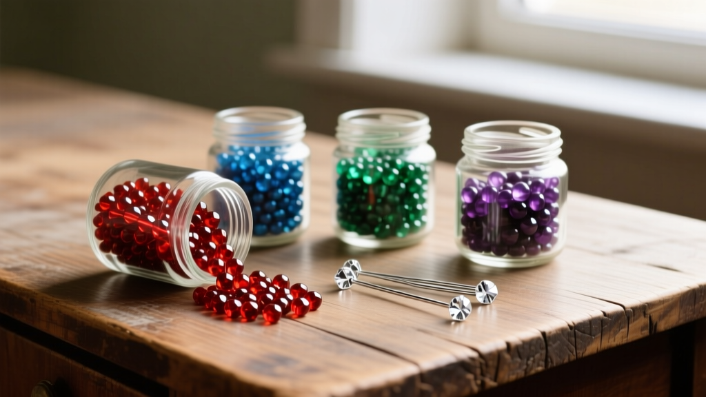 Organized glass jars filled with Czech fire-polished beads and sterling silver headpins arranged on a rustic wooden desk