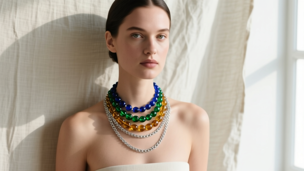Model wearing layered glass bead necklaces and silver chains against neutral linen, lit by soft natural window light.
