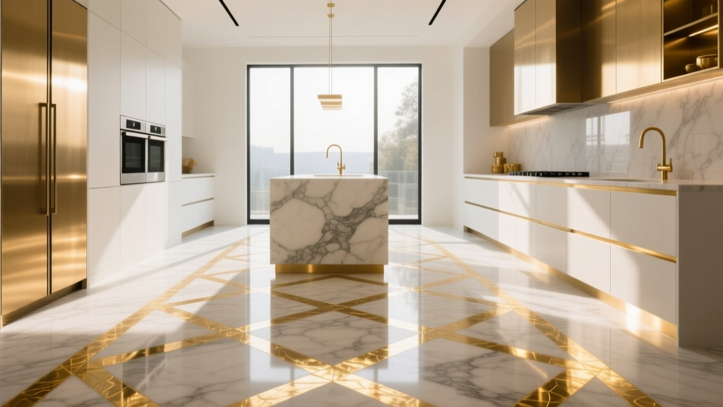 Luxurious Calacatta gold marble flooring in a modern kitchen with custom brass inlays and high-end cabinetry reflecting natural light