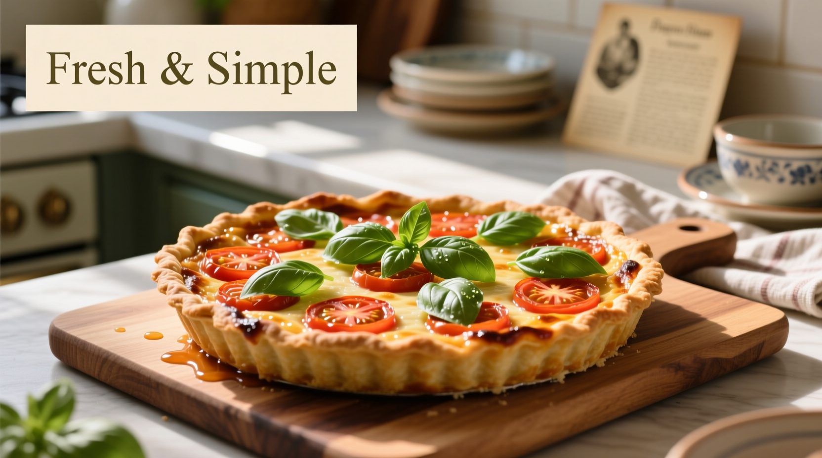 Fresh crustless tomato pie with basil garnish