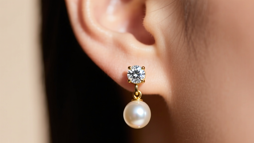 Close-up of a gold stud dangle earring on an earlobe, displaying a diamond front and a pearl drop hanging just below the piercing.