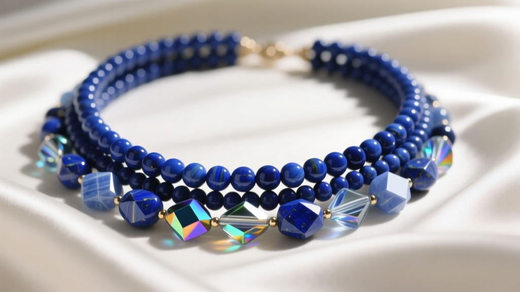 Macro shot of a multi-strand beaded necklace blue featuring polished lapis lazuli, sodalite, and czech glass beads on pure silk