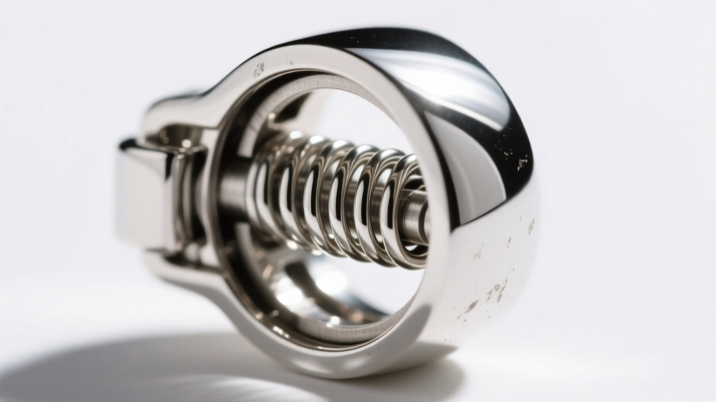 Macro photo showing the internal steel spring exposed inside a hollow, polished sterling silver spring ring clasp mechanism