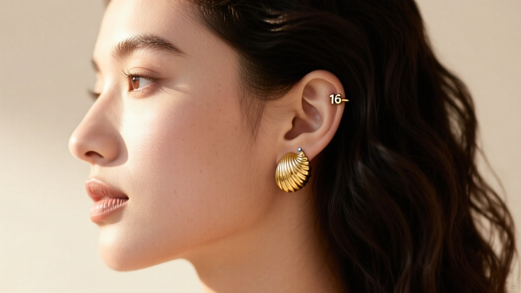Side profile of a woman wearing a 16-gauge gold seashell cartilage cuff on her helix, with soft natural sunlight illuminating her