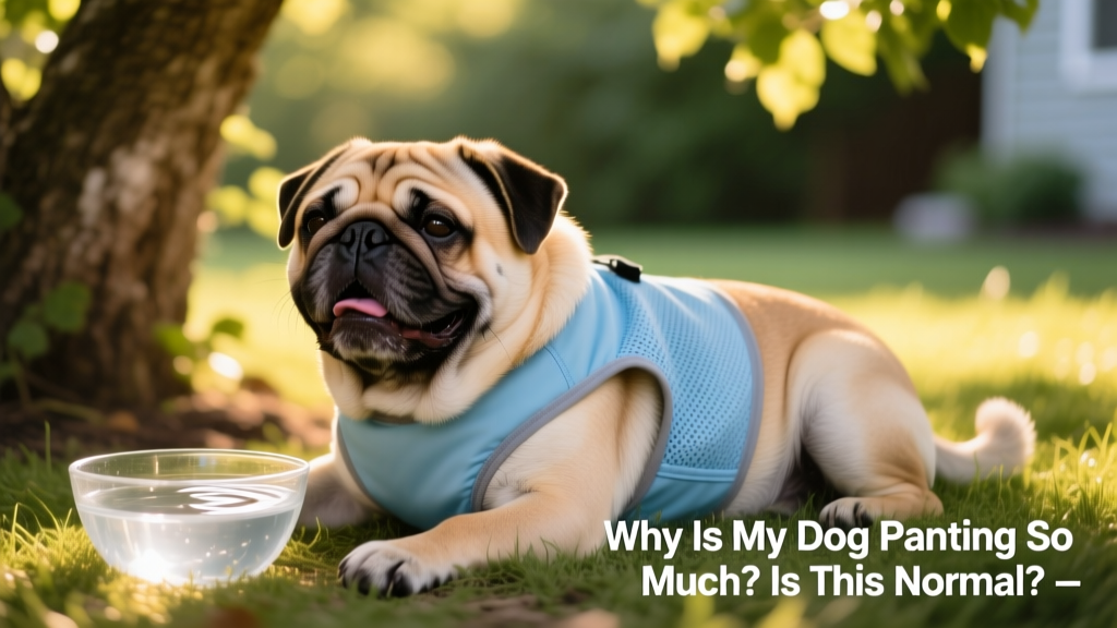 A brachycephalic dog resting in the shade with a cooling vest and fresh water nearby