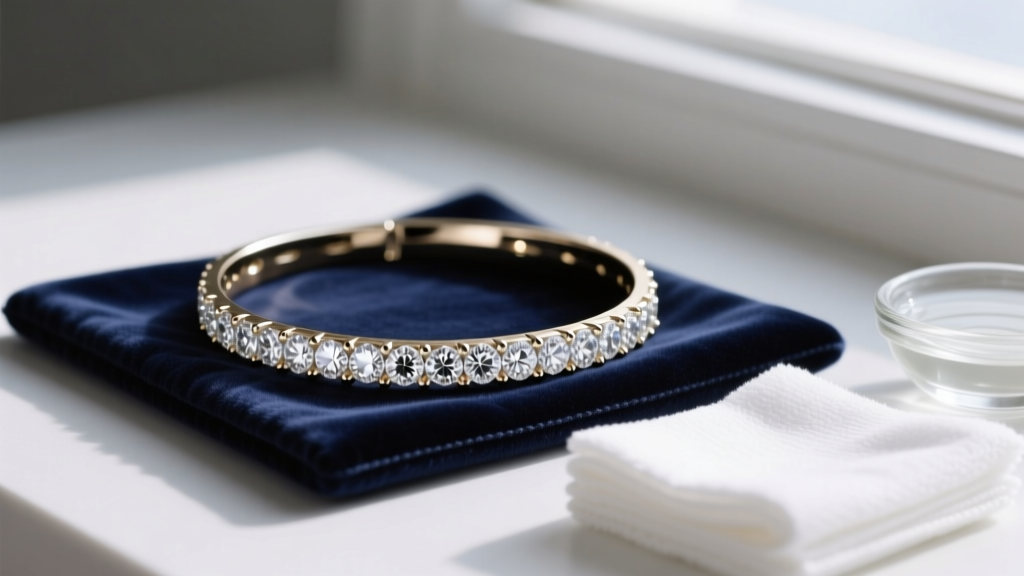 Close-up of a diamond 14k white gold choker resting on a velvet cleaning pad, with a microfiber cloth and mild soap nearby