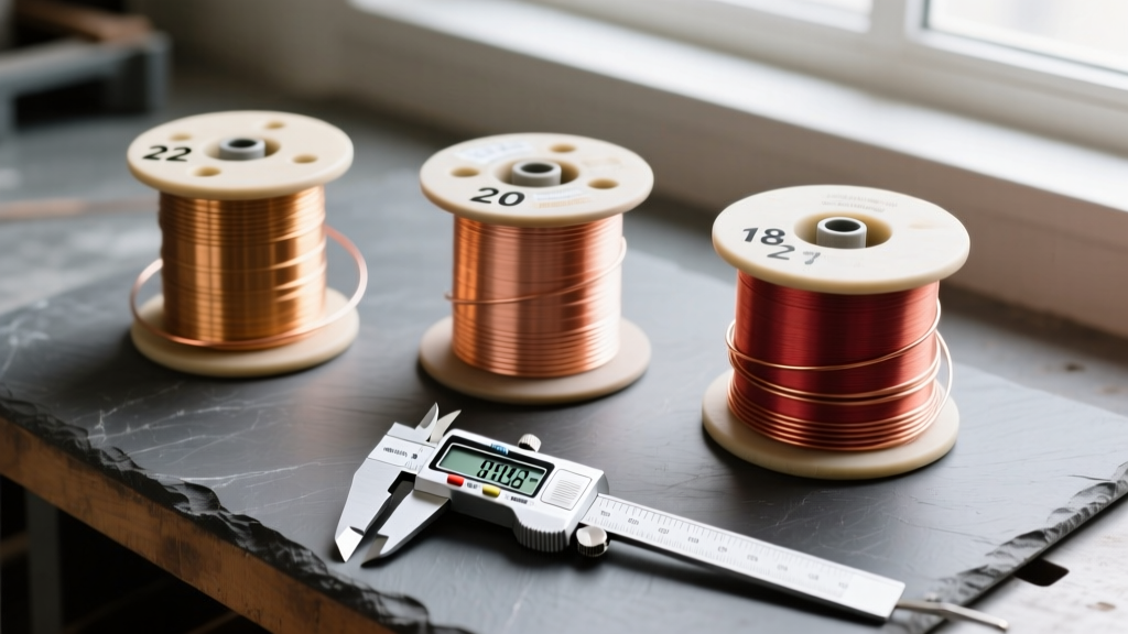 Overhead view of 22, 20, and 18 gauge copper wire spools on a slate workbench with digital calipers measuring the wire thickness